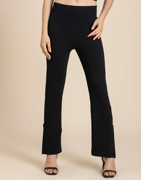 Solid Women Knit Ribbed Bootcut Pants