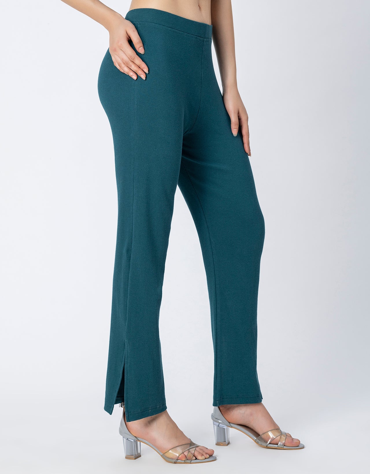 Solid Women Knit Ribbed Bootcut Pants