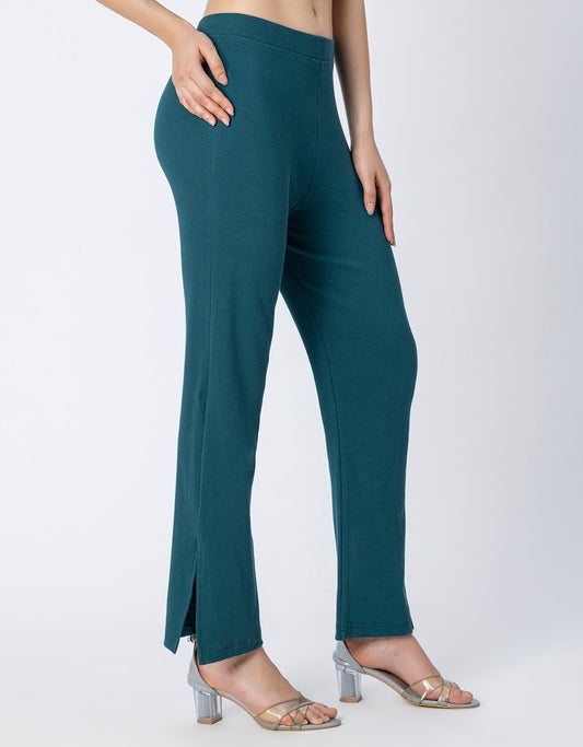 Solid Women Knit Ribbed Bootcut Pants