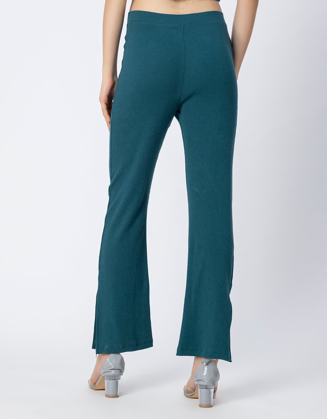 Solid Women Knit Ribbed Bootcut Pants