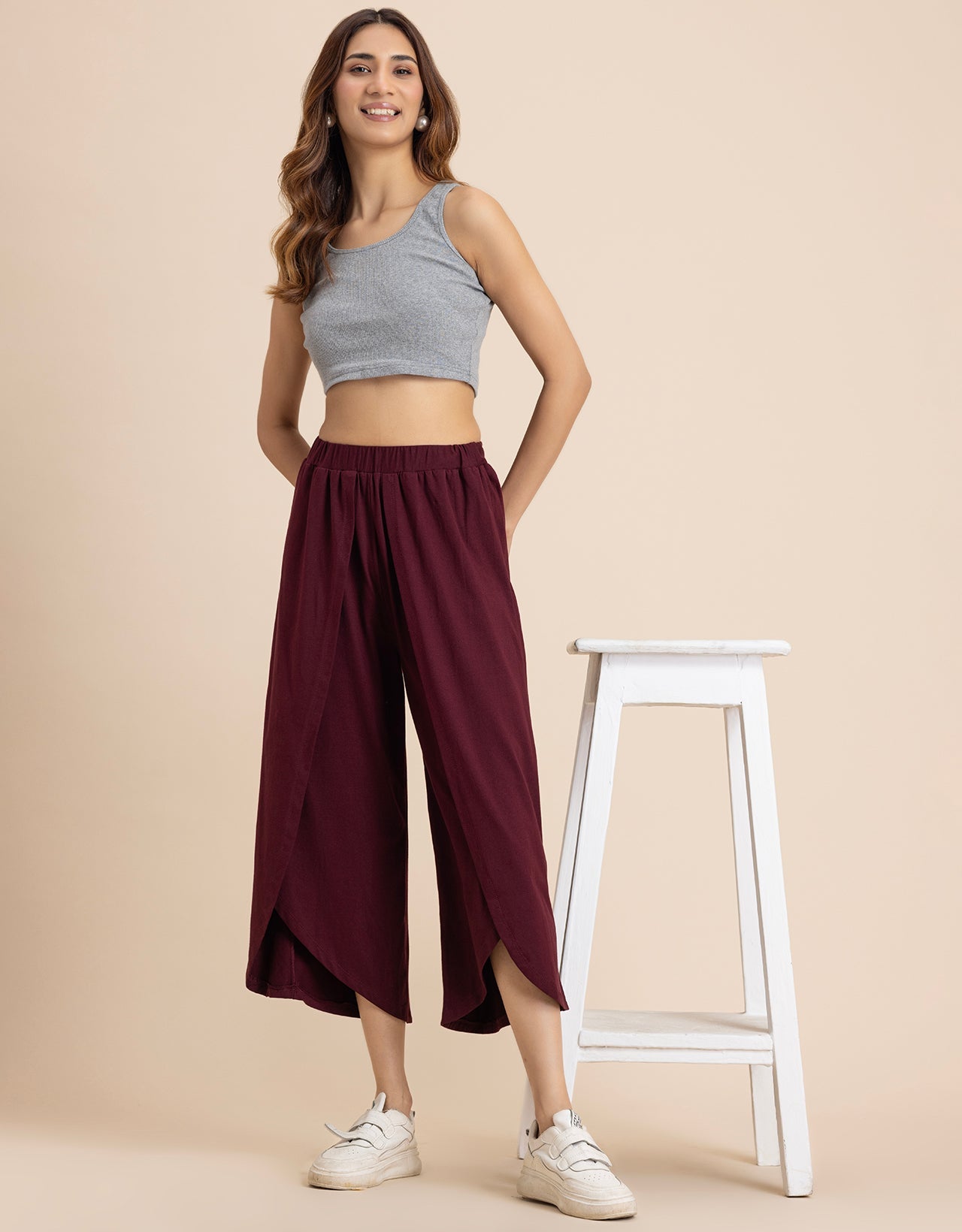 Solid Tulip Pants Jersey Crop Pants for Women