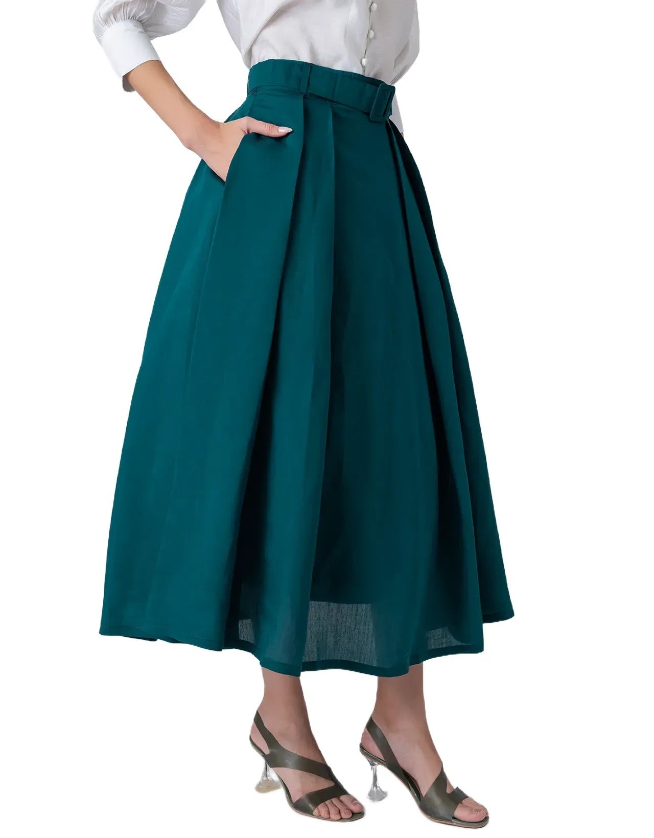 Exclusive Victorian Elegance Midi Box Pleat Skirt with Side Pocket