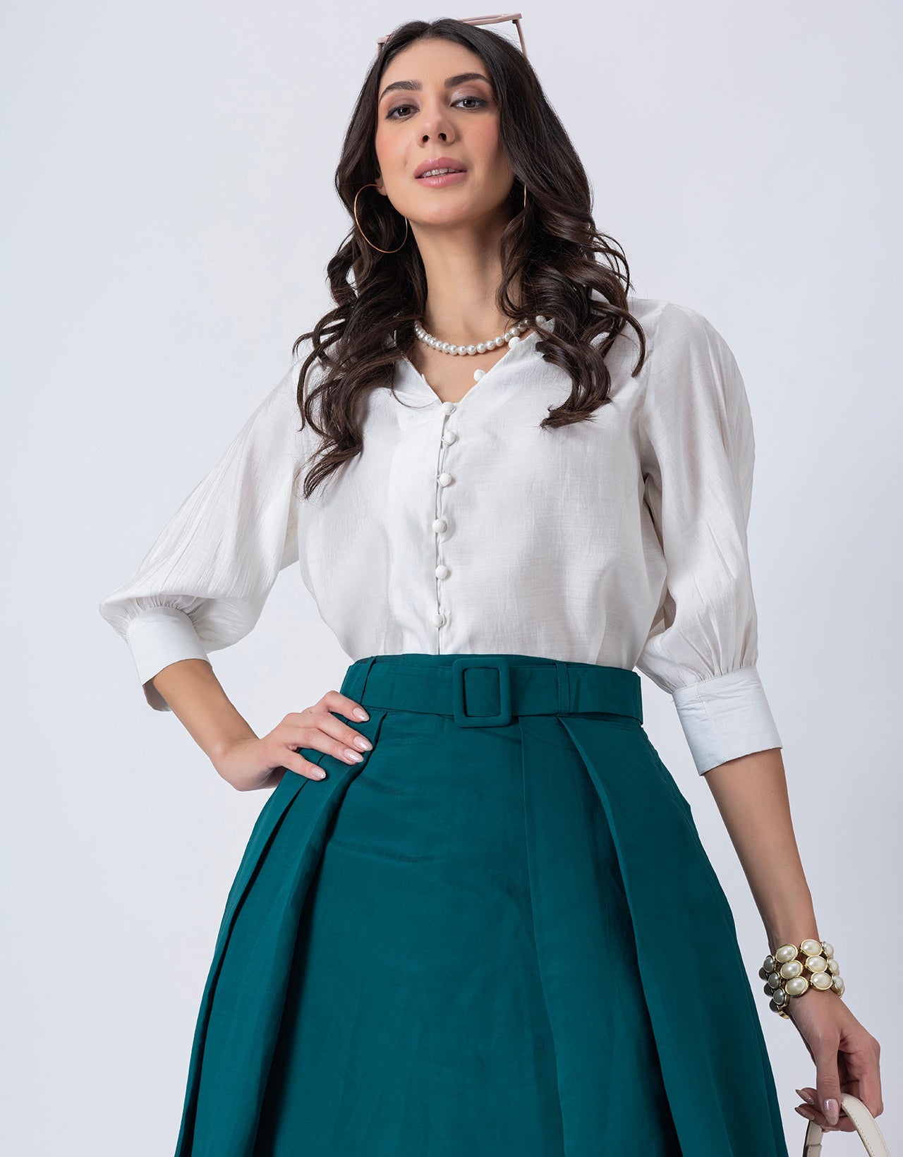 Exclusive Victorian Elegance Midi Box Pleat Skirt with Side Pocket