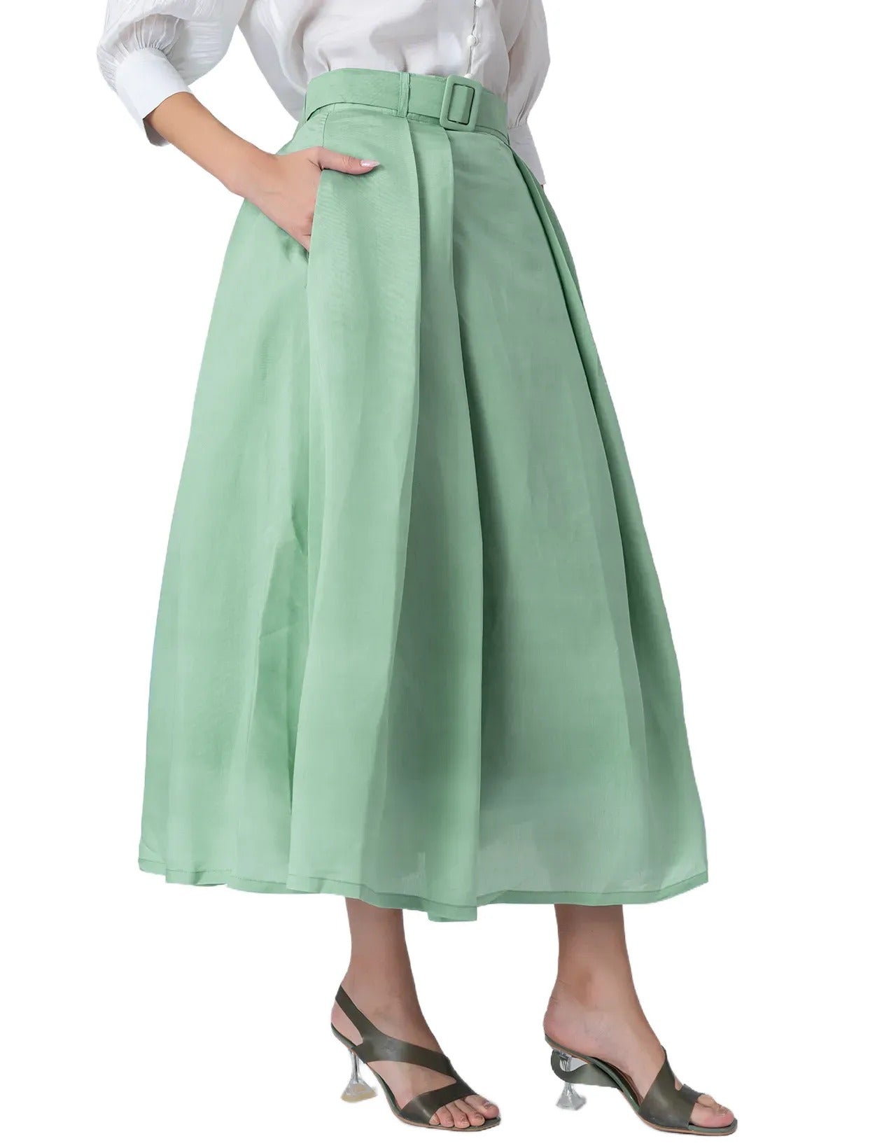 Exclusive Victorian Elegance Midi Box Pleat Skirt with Side Pocket