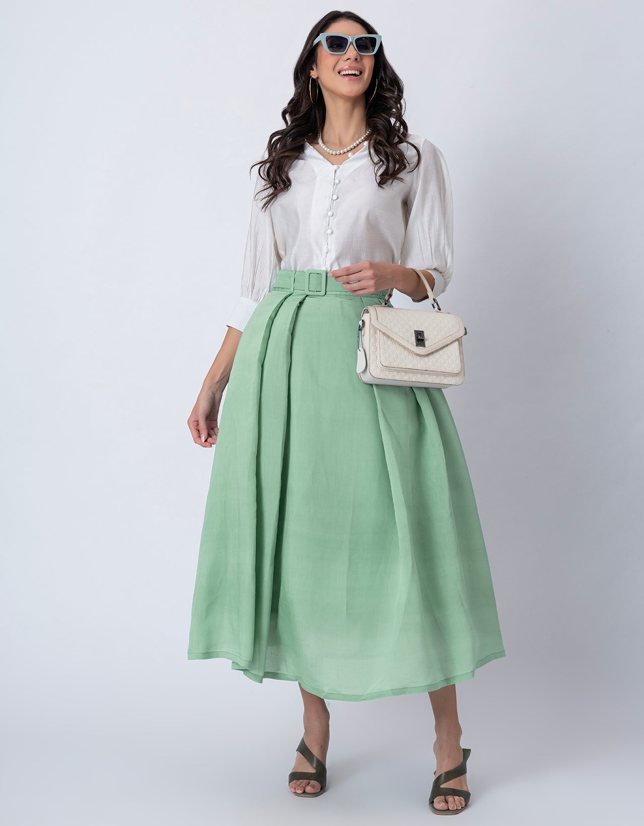 Exclusive Victorian Elegance Midi Box Pleat Skirt with Side Pocket