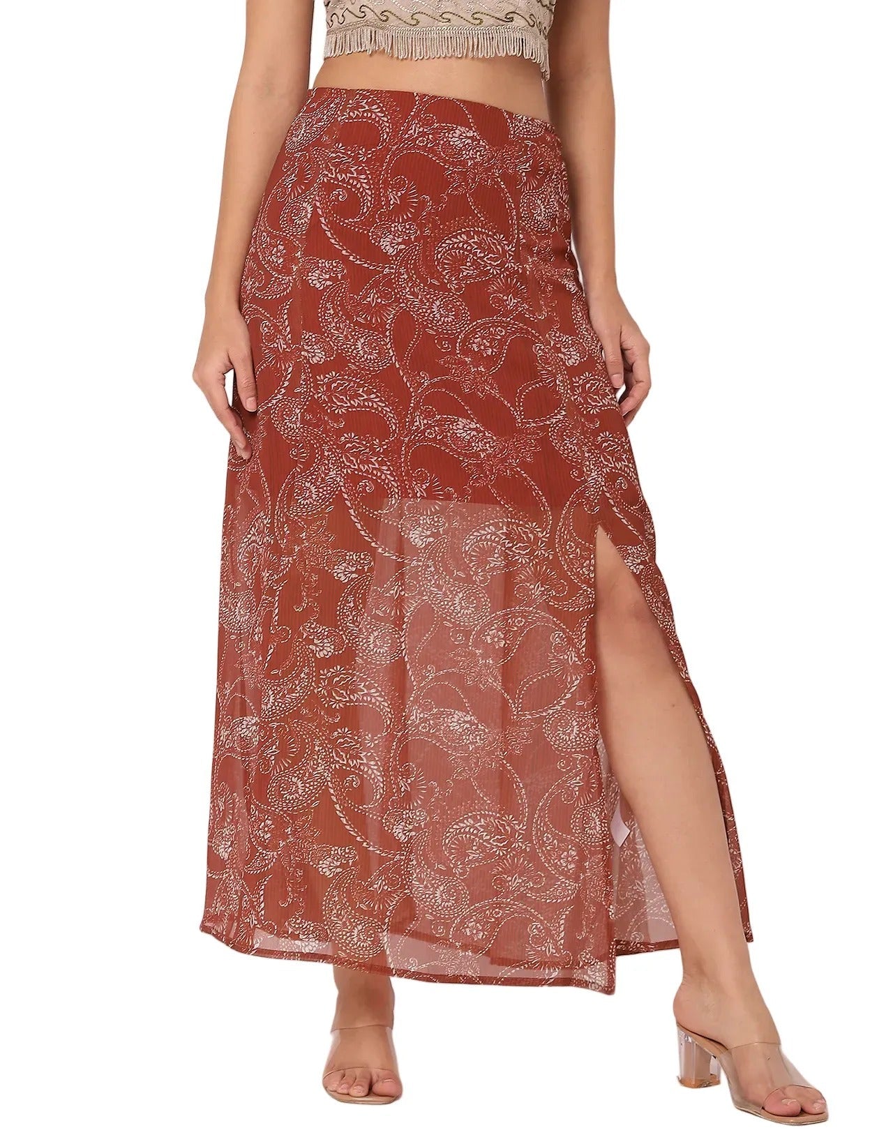 Printed A-Line Skirt With Slit For Women,