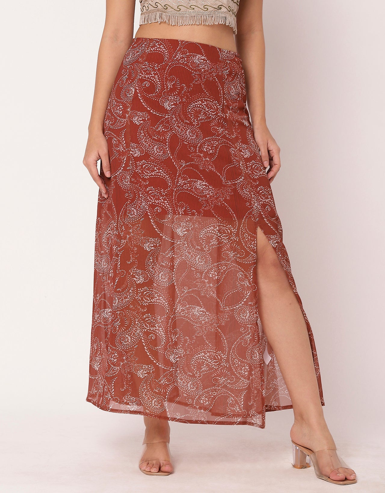 Printed A-Line Skirt With Slit For Women,