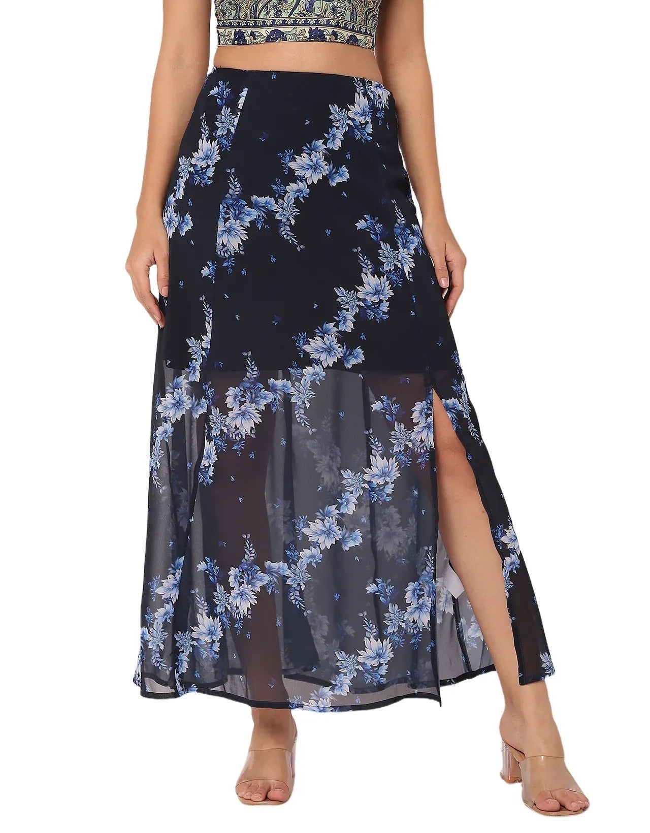 Printed A-Line Skirt With Slit For Women,
