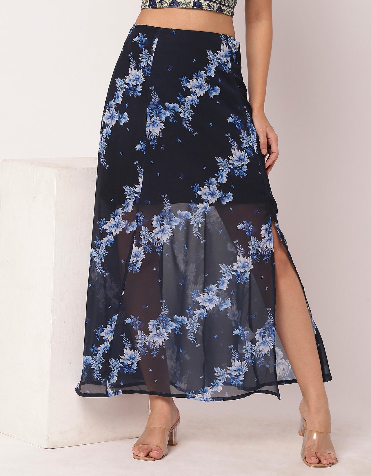 Printed A-Line Skirt With Slit For Women,