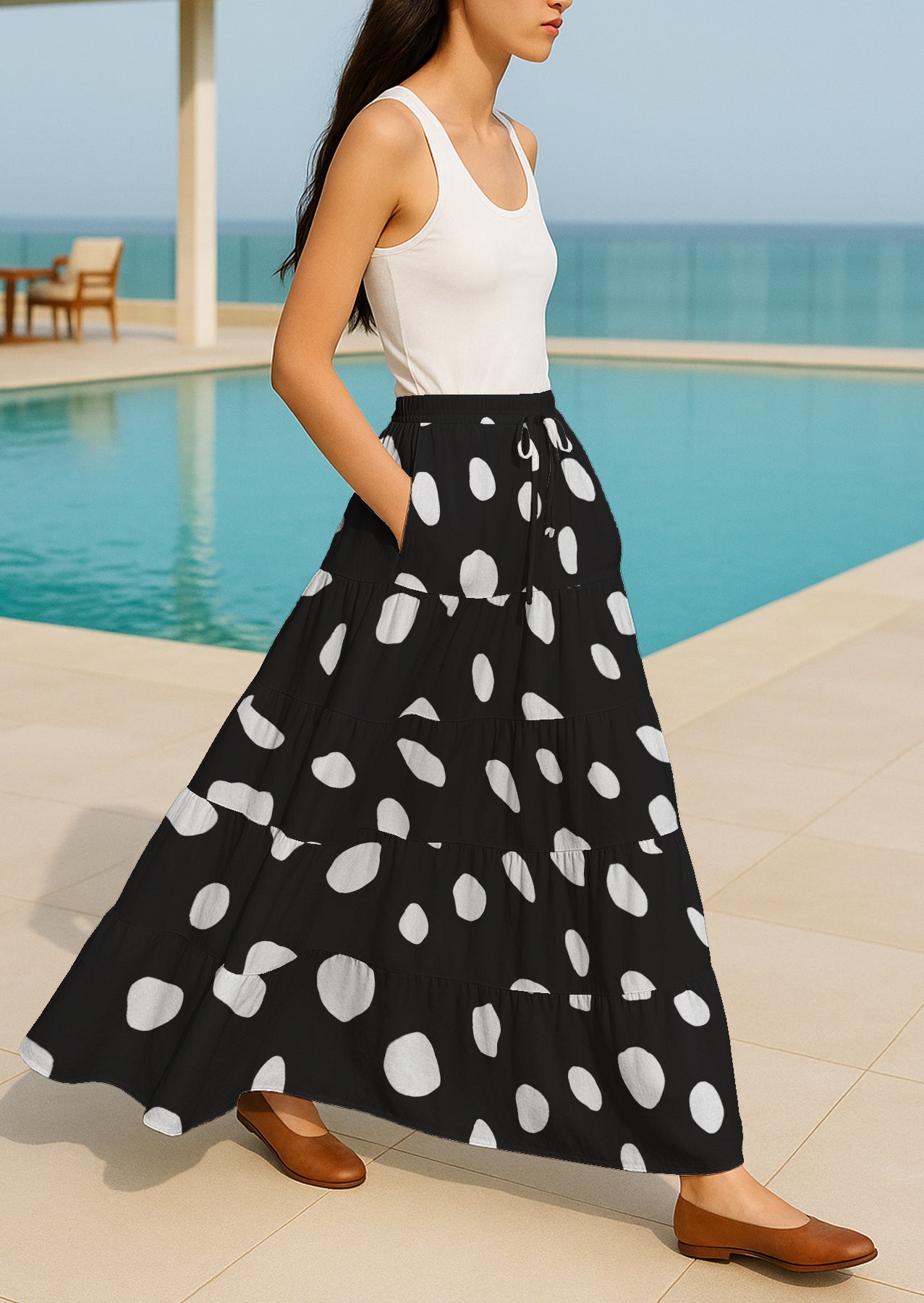 Women's Cotton Resort Skirt with Pockets | Tiered Maxi Summer Skirt