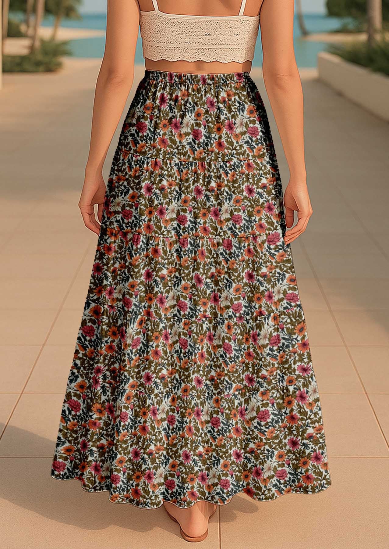 Women's Cotton Resort Skirt with Pockets | Tiered Maxi Summer Skirt
