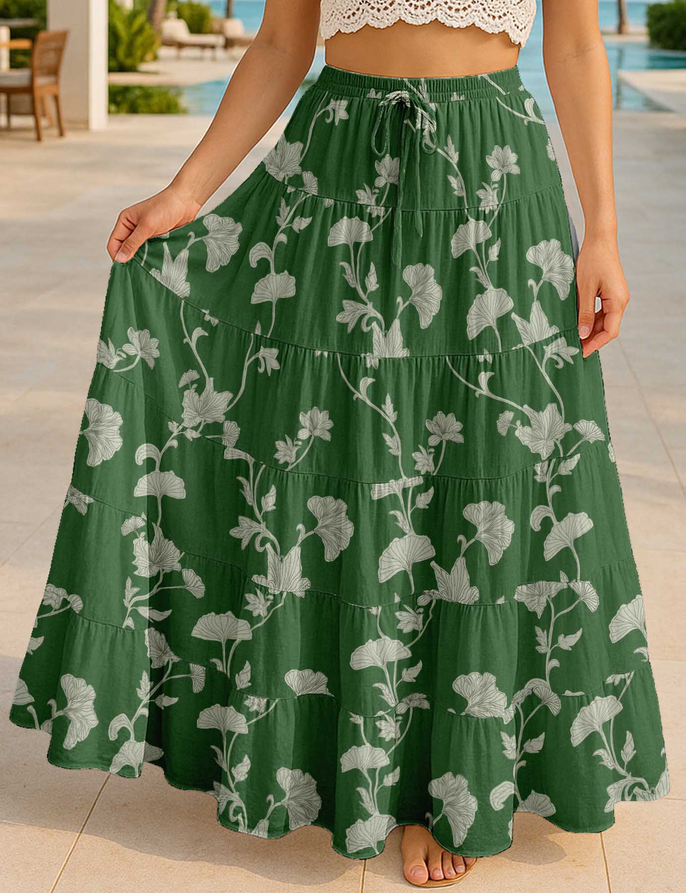 Women's Cotton Resort Skirt with Pockets | Tiered Maxi Summer Skirt