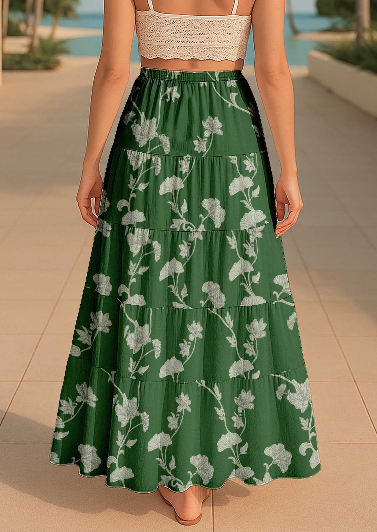 Women's Cotton Resort Skirt with Pockets | Tiered Maxi Summer Skirt