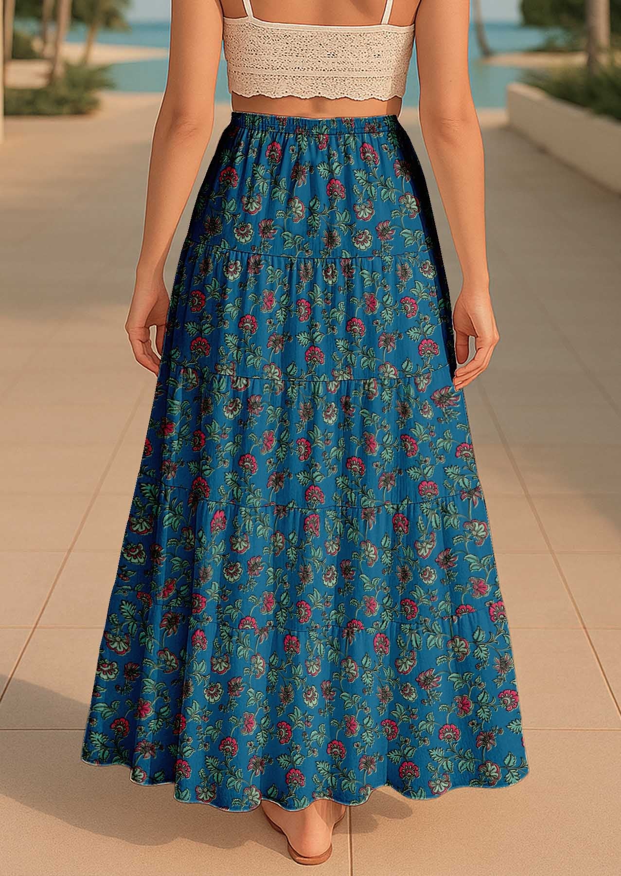 Women's Cotton Resort Skirt with Pockets | Tiered Maxi Summer Skirt