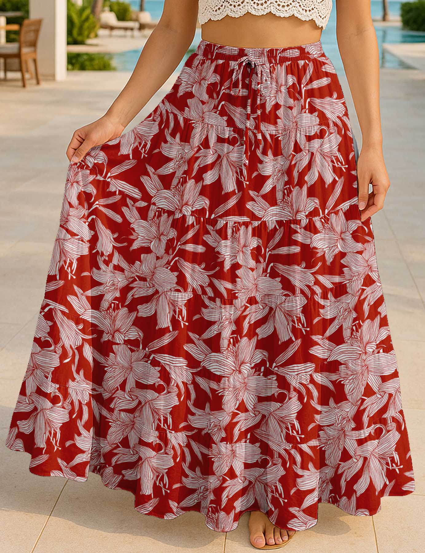 Women's Cotton Resort Skirt with Pockets | Tiered Maxi Summer Skirt