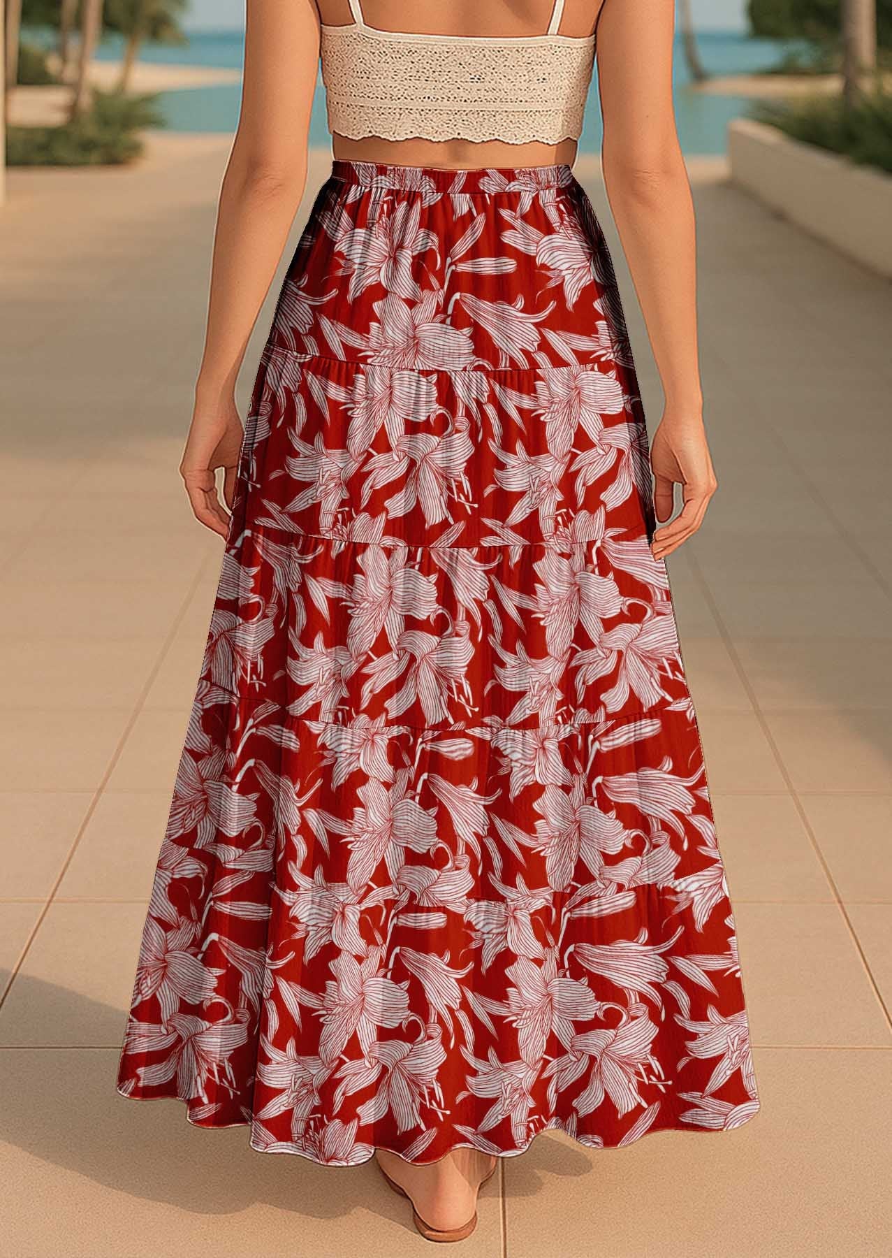 Women's Cotton Resort Skirt with Pockets | Tiered Maxi Summer Skirt