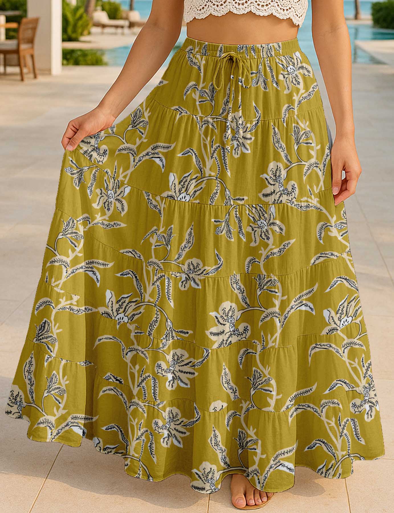 Women's Cotton  Skirt with Pockets | Flowy Vacation Outfit | Tiered Maxi Summer Skirt