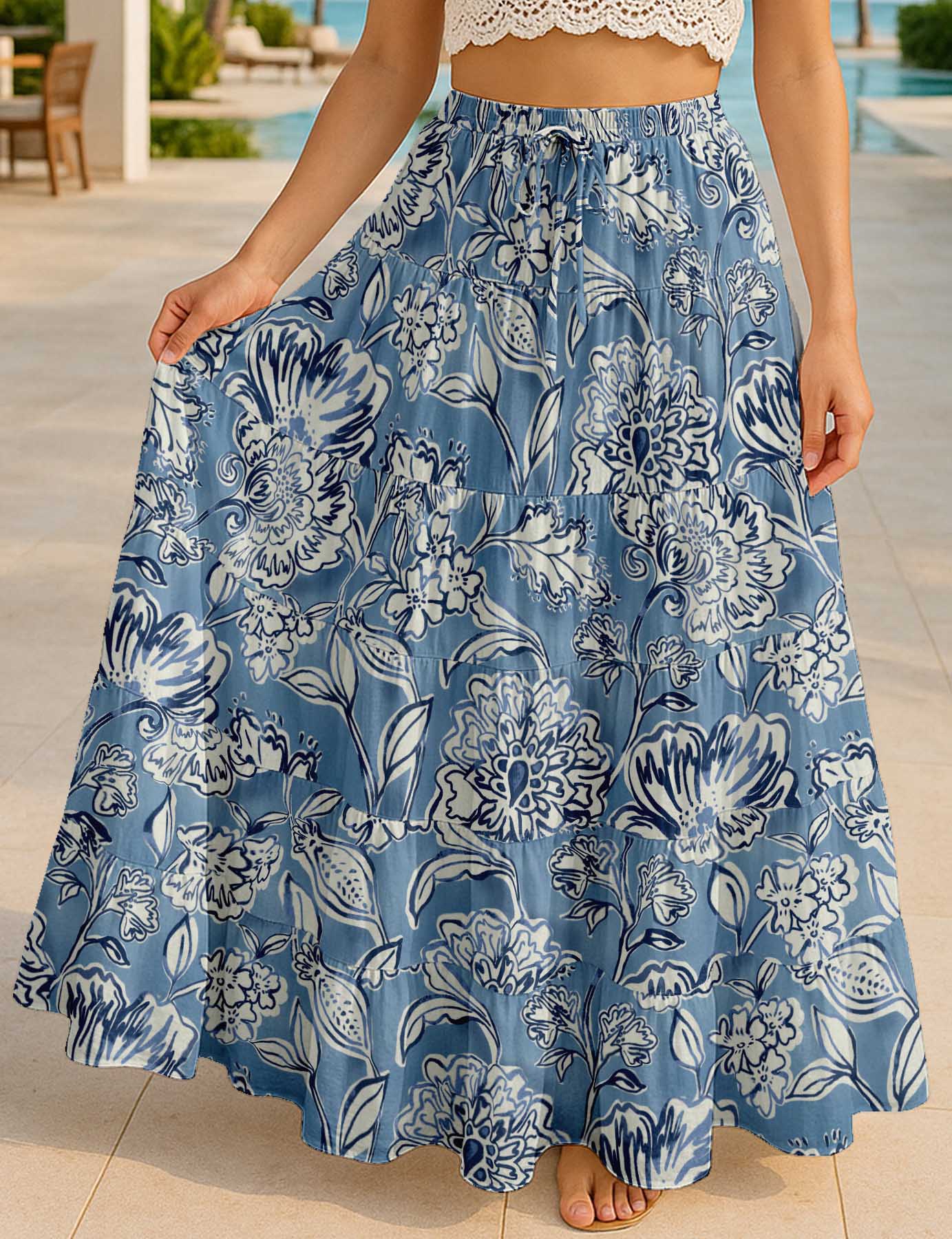 Women's Cotton  Skirt with Pockets | Flowy Vacation Outfit | Tiered Maxi Summer Skirt