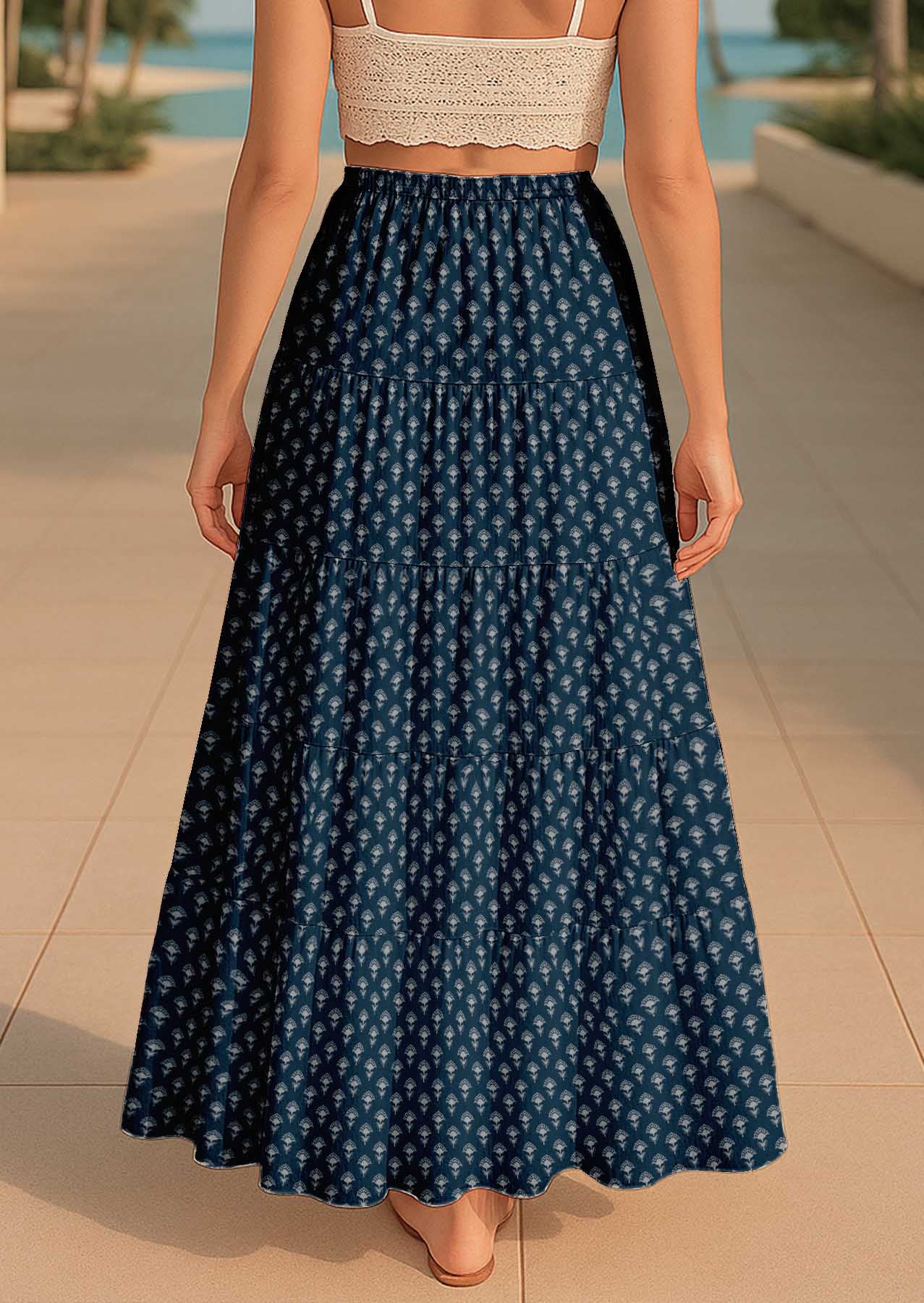 Women's Cotton  Skirt with Pockets | Flowy Vacation Outfit | Tiered Maxi Summer Skirt