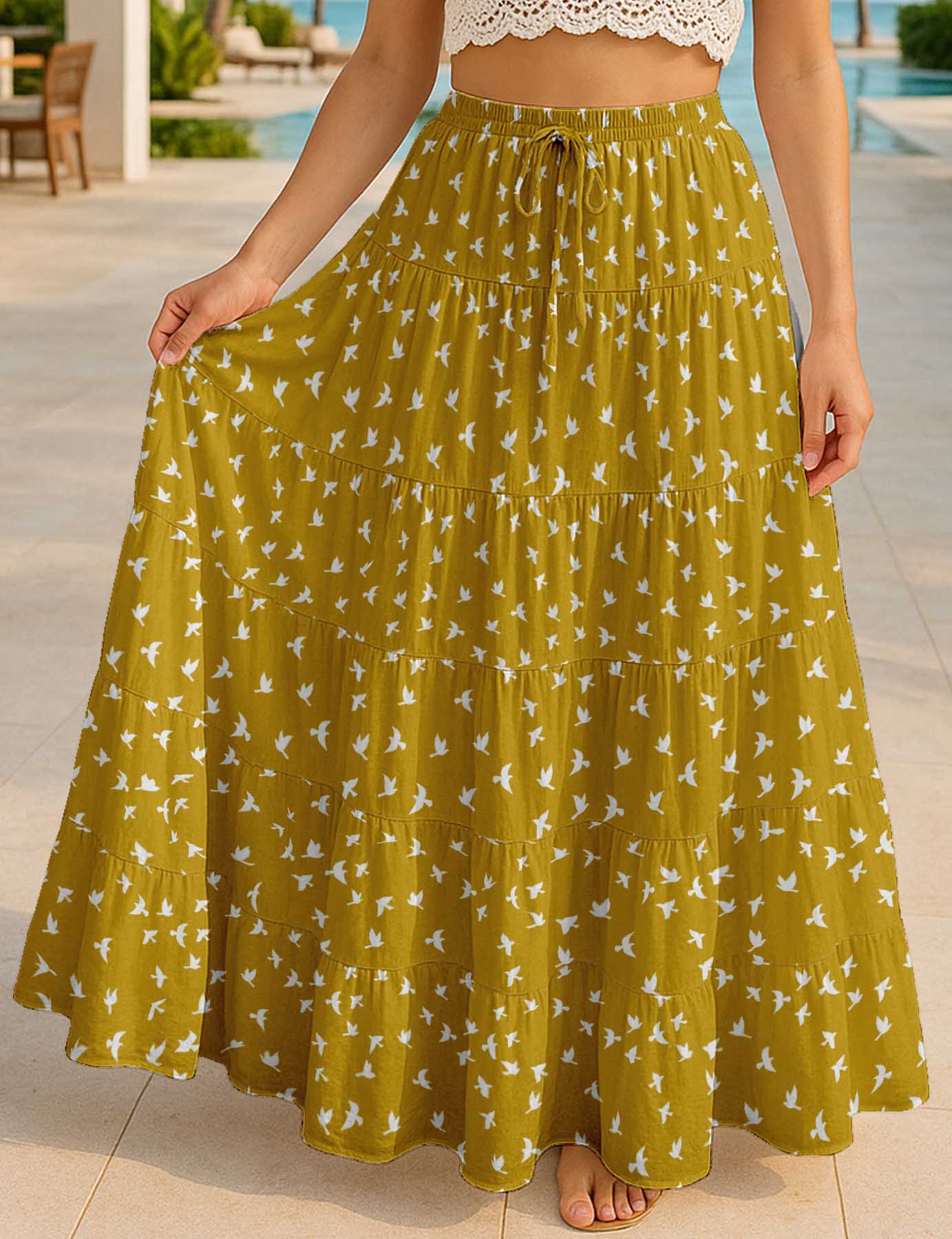 Women's Tiered Maxi Summer Skirt | 40-Inch Vacation Wear | Flowy Vacation Outfit