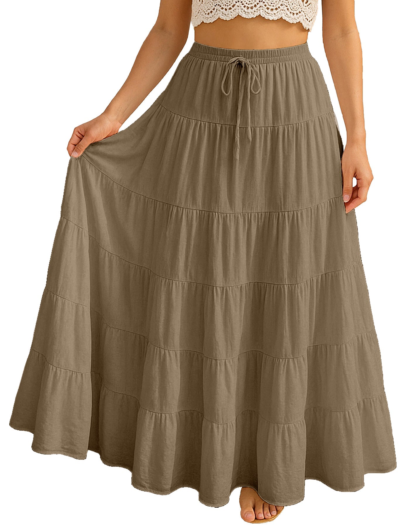 Women's Solid Cotton Maxi Skirt with Pockets Summer Outfit