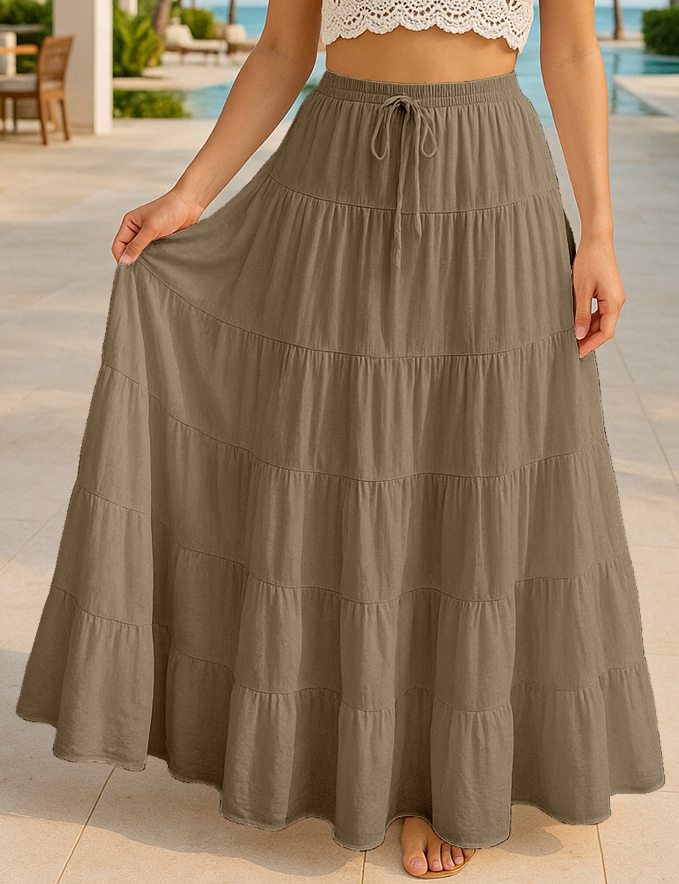 Women's Solid Cotton Maxi Skirt with Pockets Summer Outfit