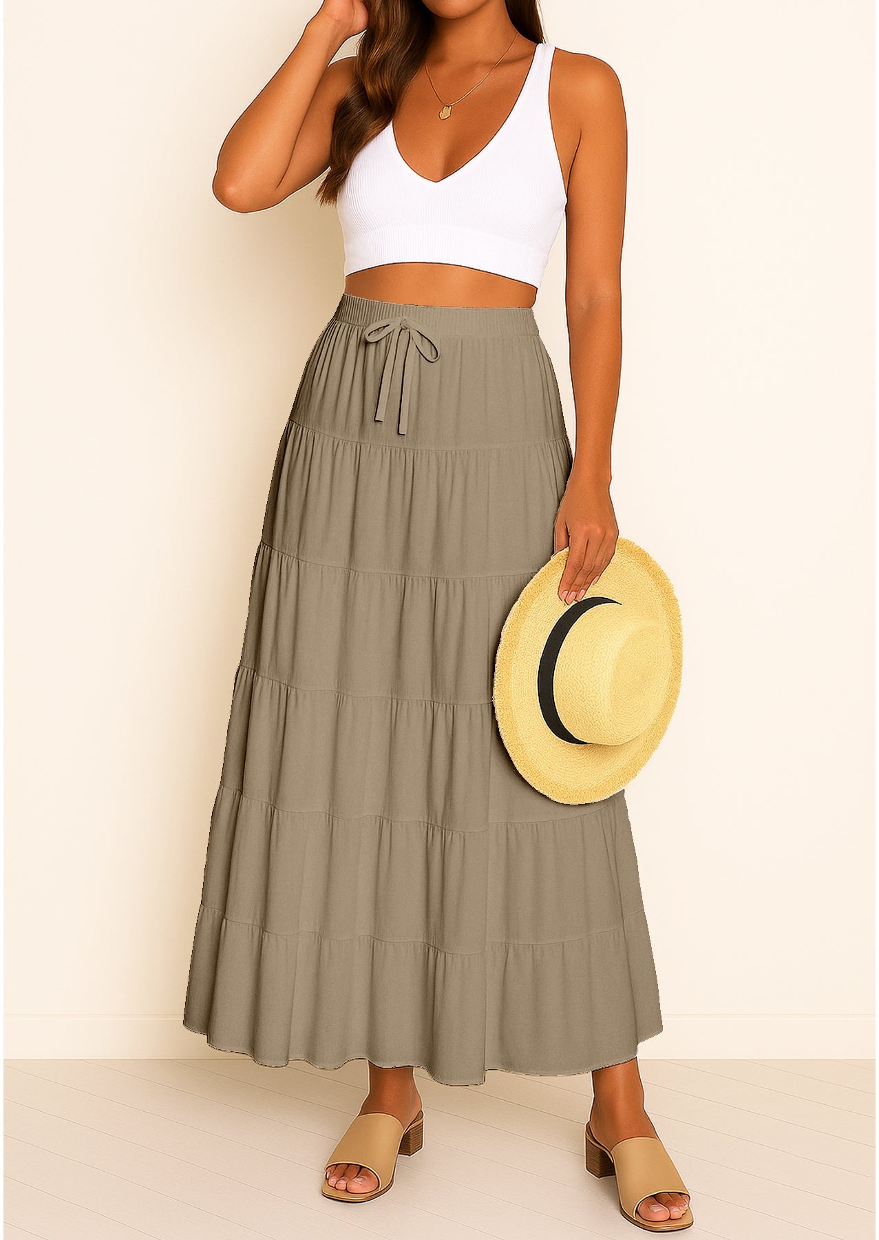 Women's Solid Cotton Maxi Skirt with Pockets Summer Outfit