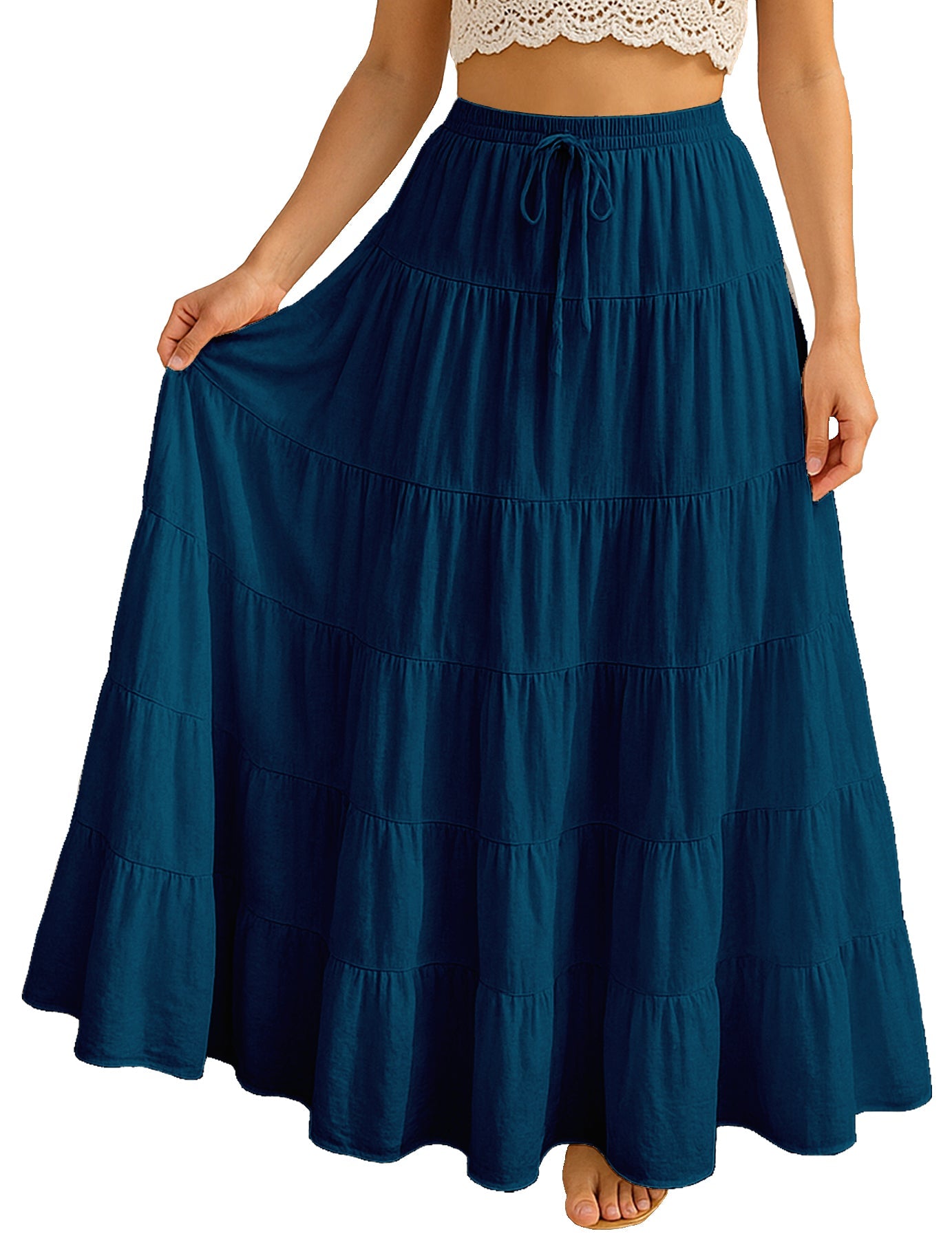 Women's Solid Cotton Maxi Skirt with Pockets Summer Outfit