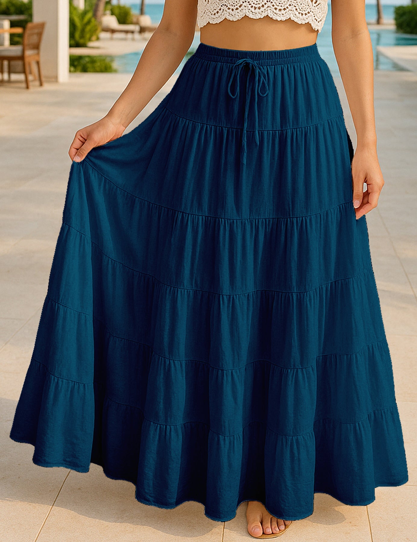 Women's Solid Cotton Maxi Skirt with Pockets Summer Outfit