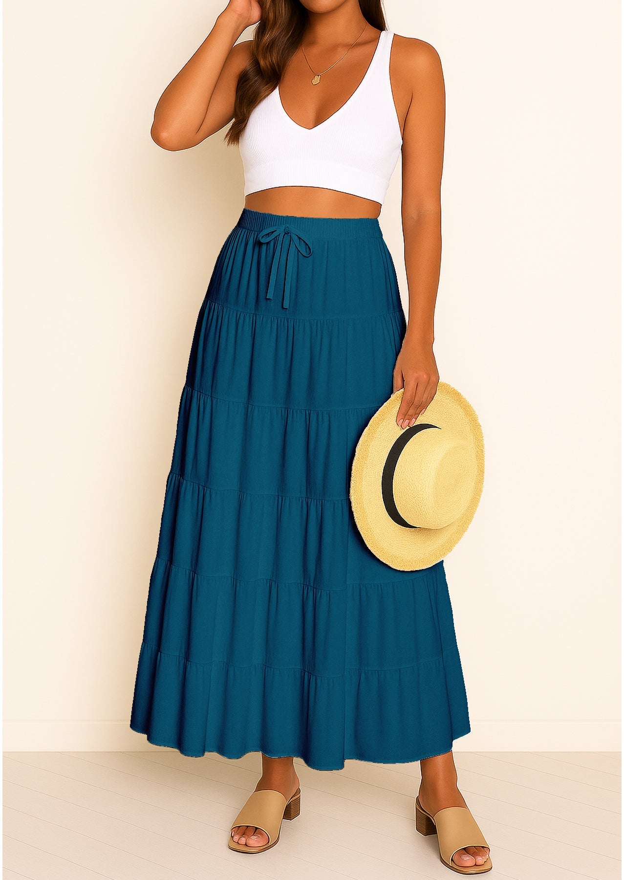 Women's Solid Cotton Maxi Skirt with Pockets Summer Outfit