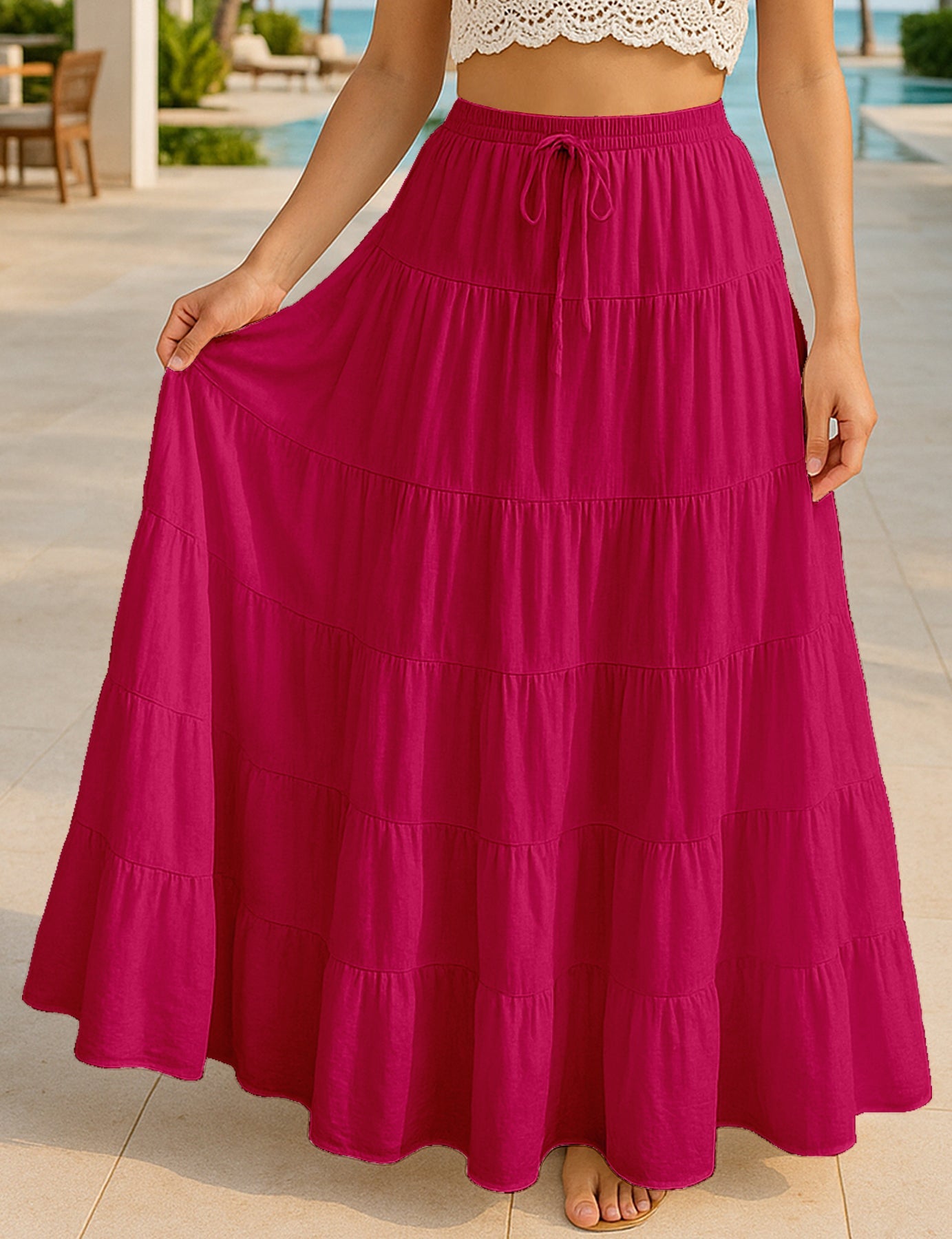 Women's Solid Cotton Maxi Skirt with Pockets Summer Outfit