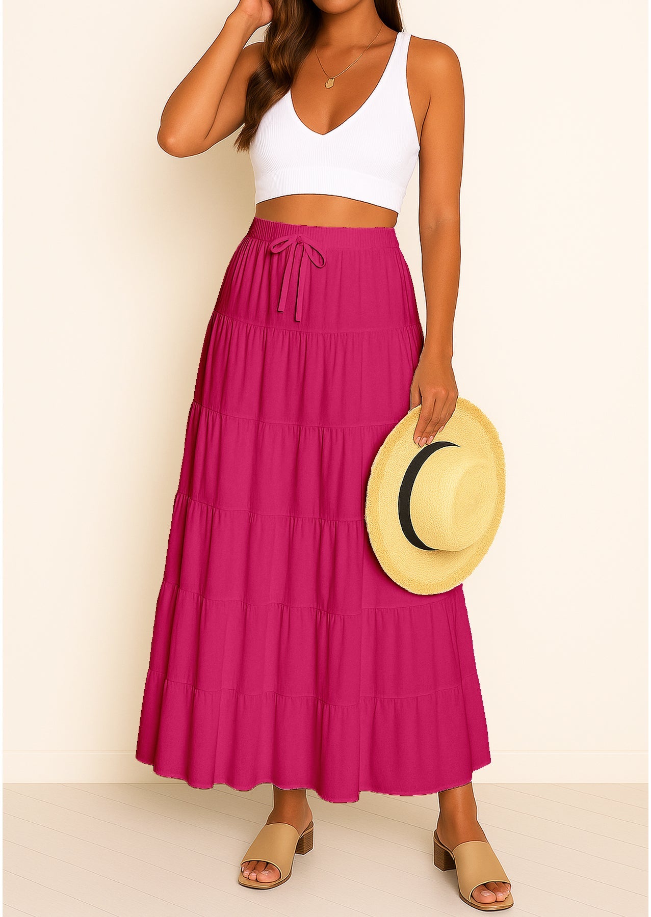 Women's Solid Cotton Maxi Skirt with Pockets Summer Outfit