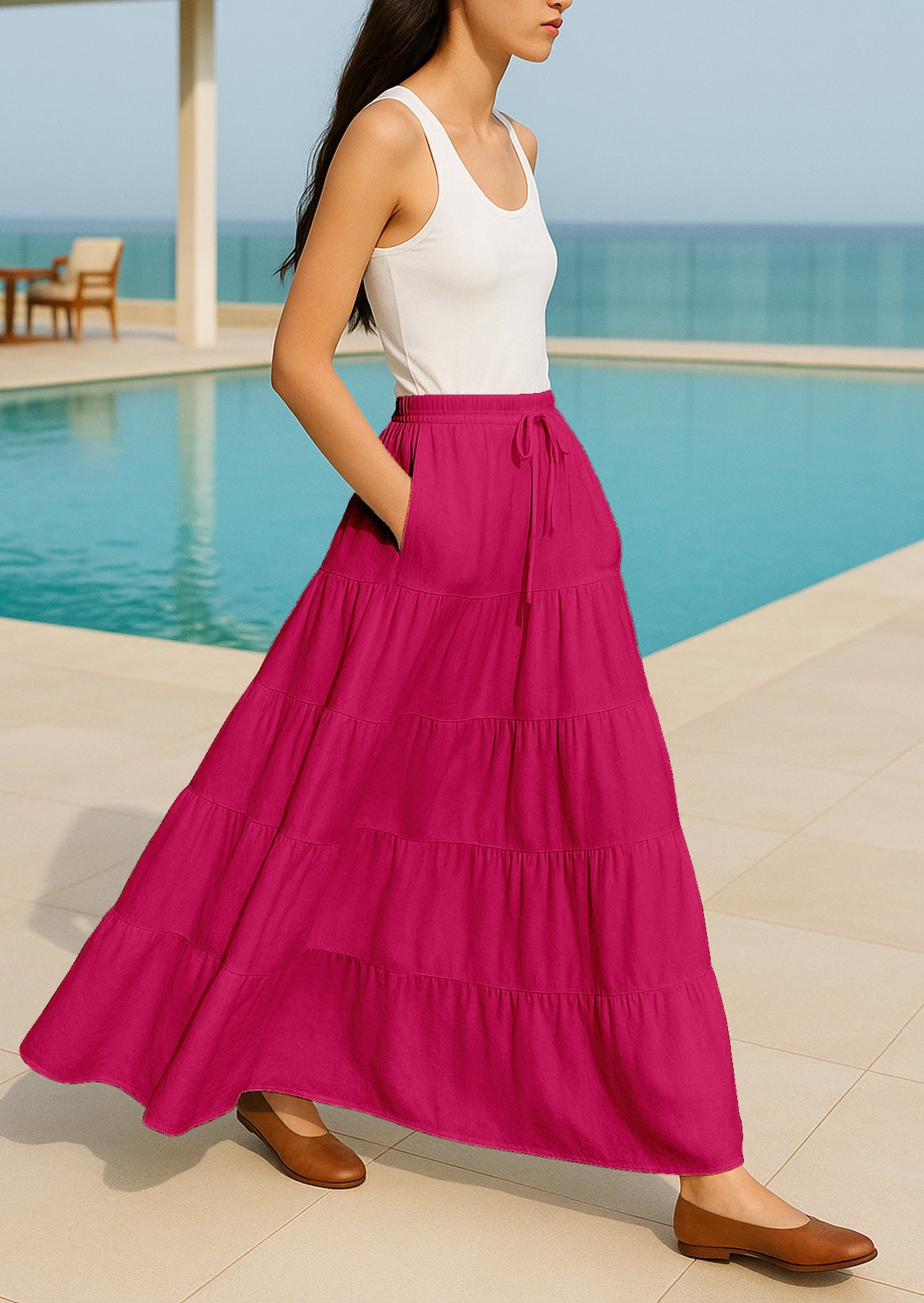 Women's Solid Cotton Maxi Skirt with Pockets Summer Outfit