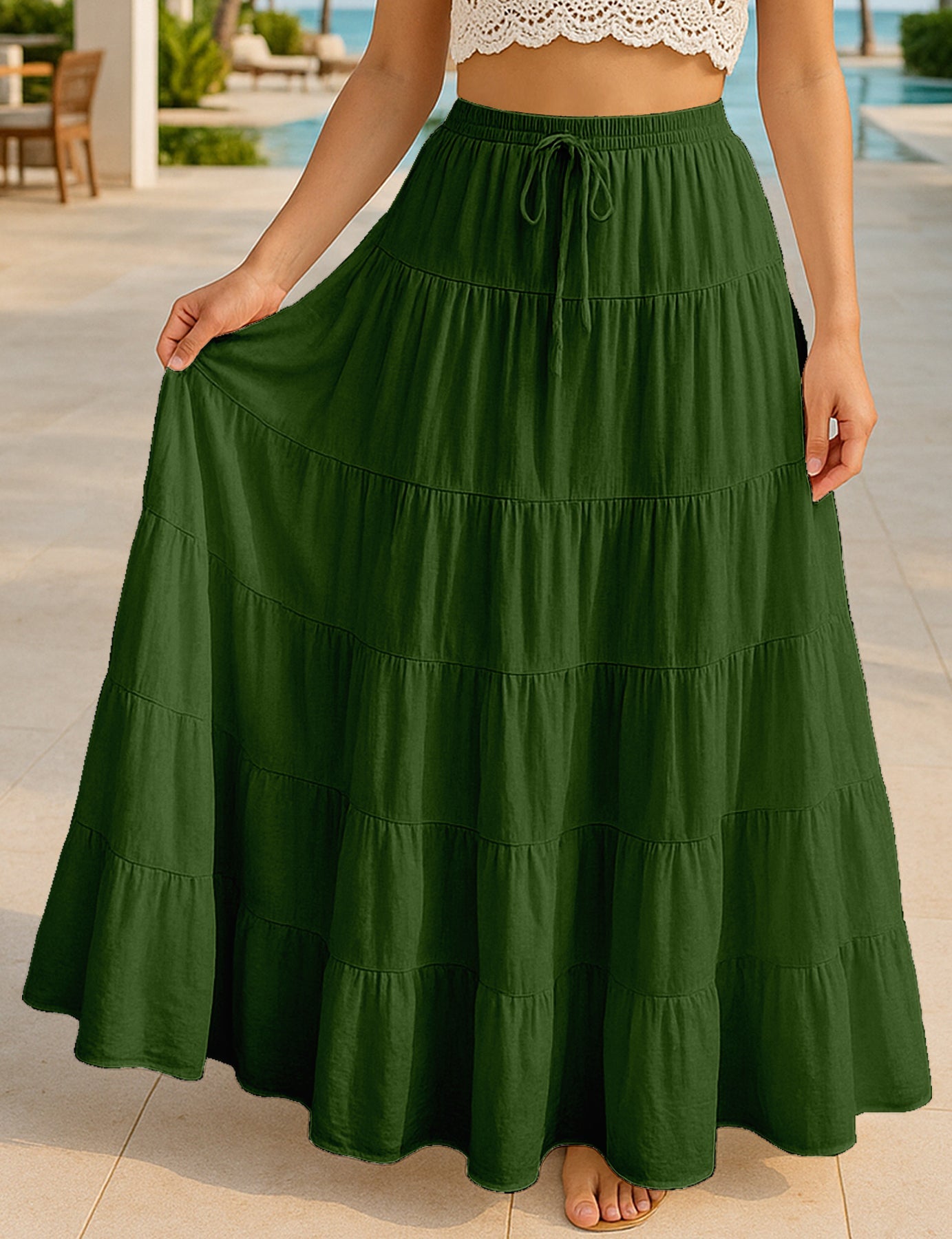 Women's Solid Cotton Maxi Skirt with Pockets Summer Outfit