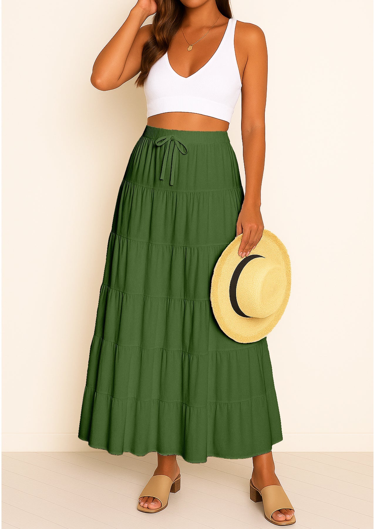 Women's Solid Cotton Maxi Skirt with Pockets Summer Outfit