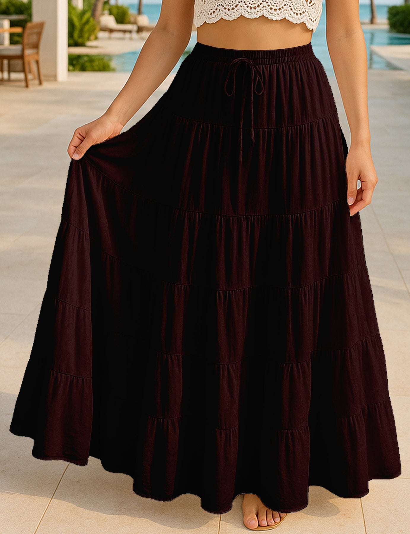 Women's Solid Cotton Maxi Skirt with Pockets Summer Outfit