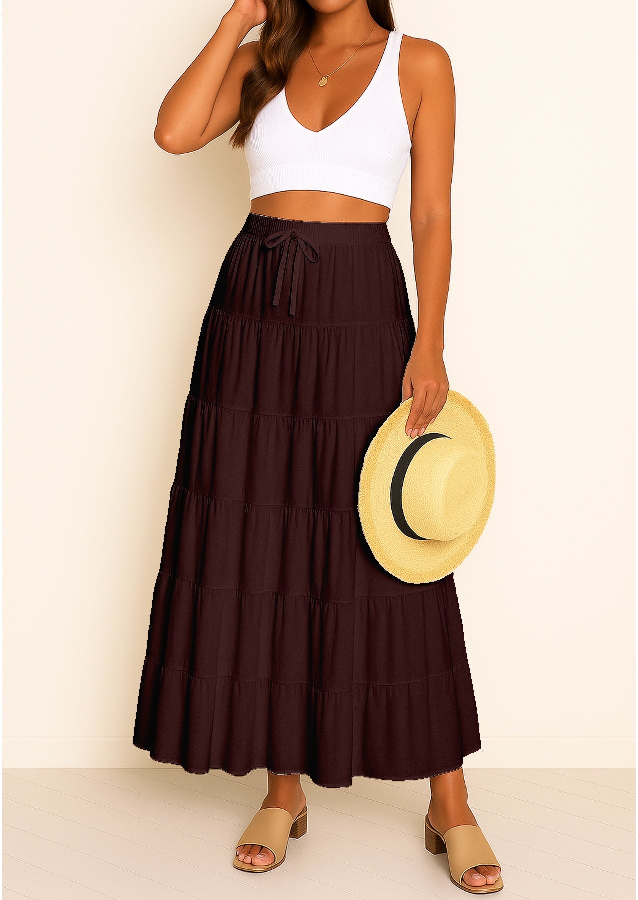 Women's Solid Cotton Maxi Skirt with Pockets Summer Outfit