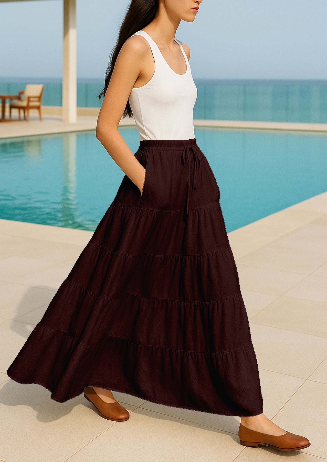 Women's Solid Cotton Maxi Skirt with Pockets Summer Outfit