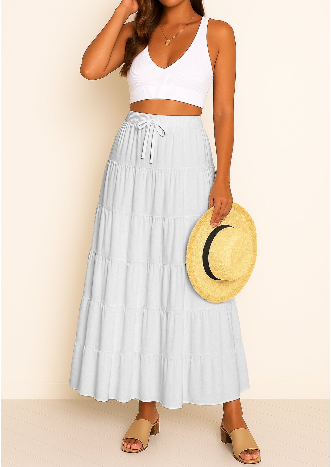 Women's Solid Cotton Maxi Skirt with Pockets Summer Outfit