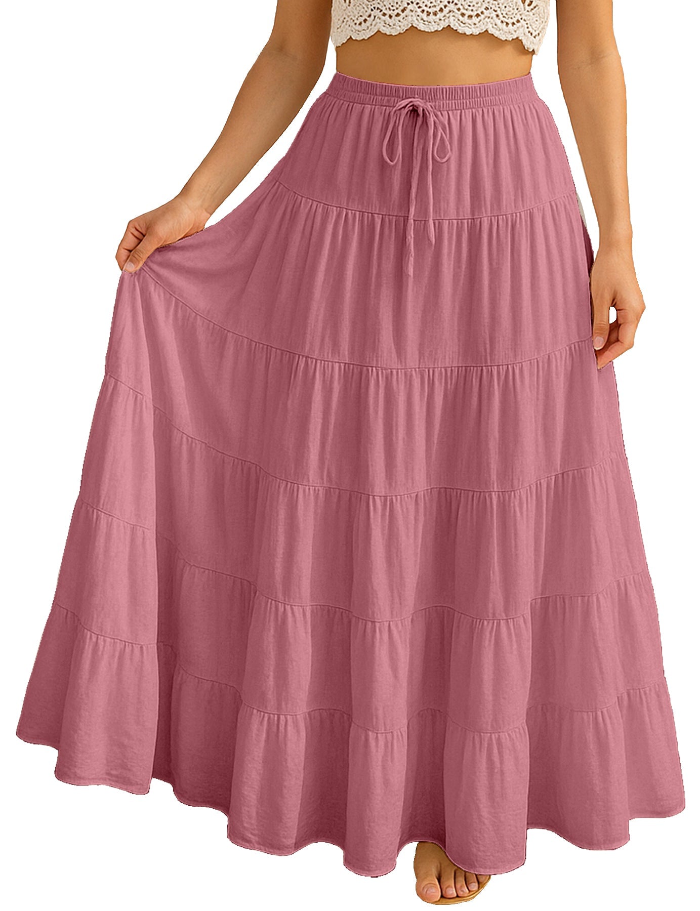 Women's Solid Cotton Maxi Skirt with Pockets Elastic Waist Resort Wear