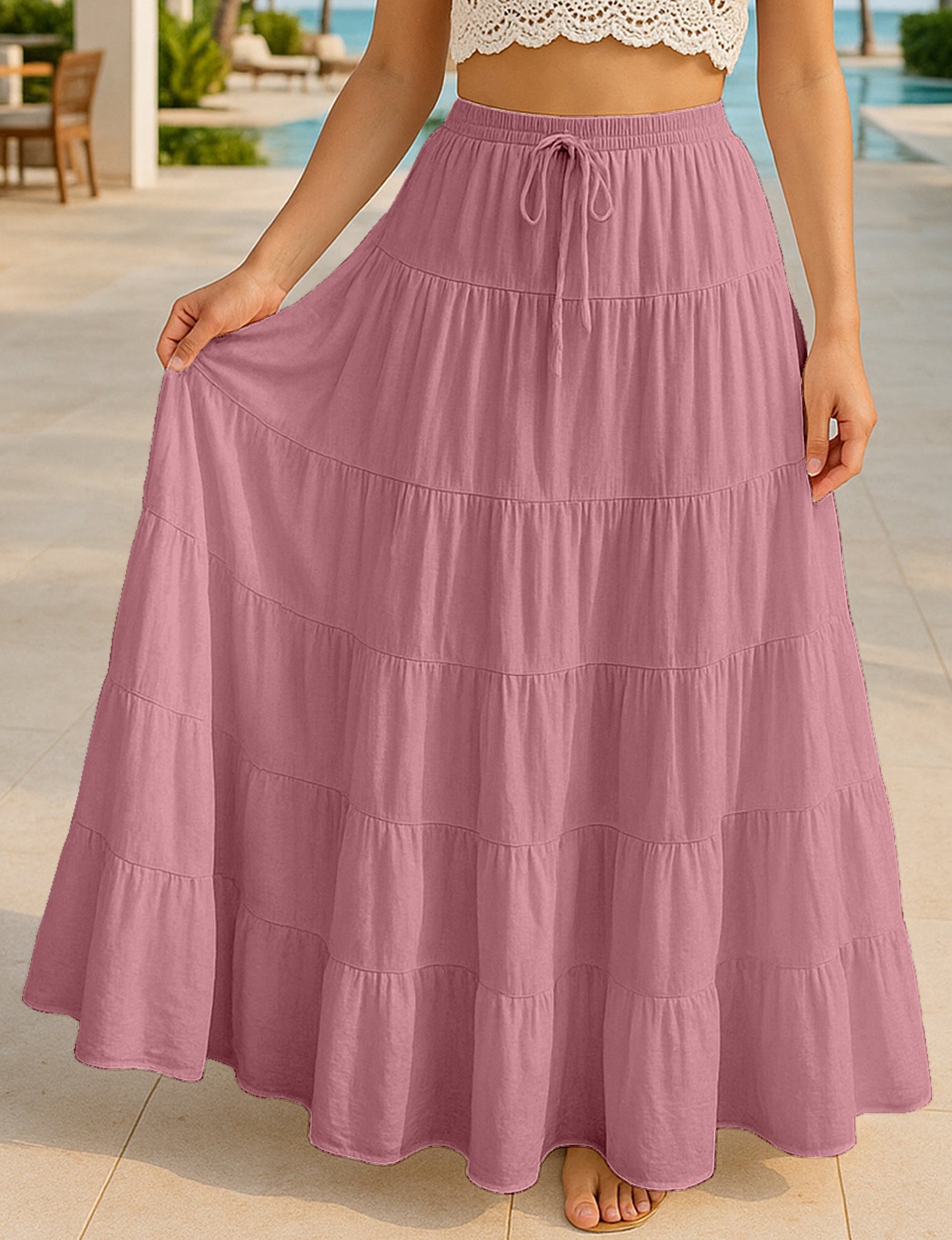Women's Solid Cotton Maxi Skirt with Pockets Elastic Waist Resort Wear