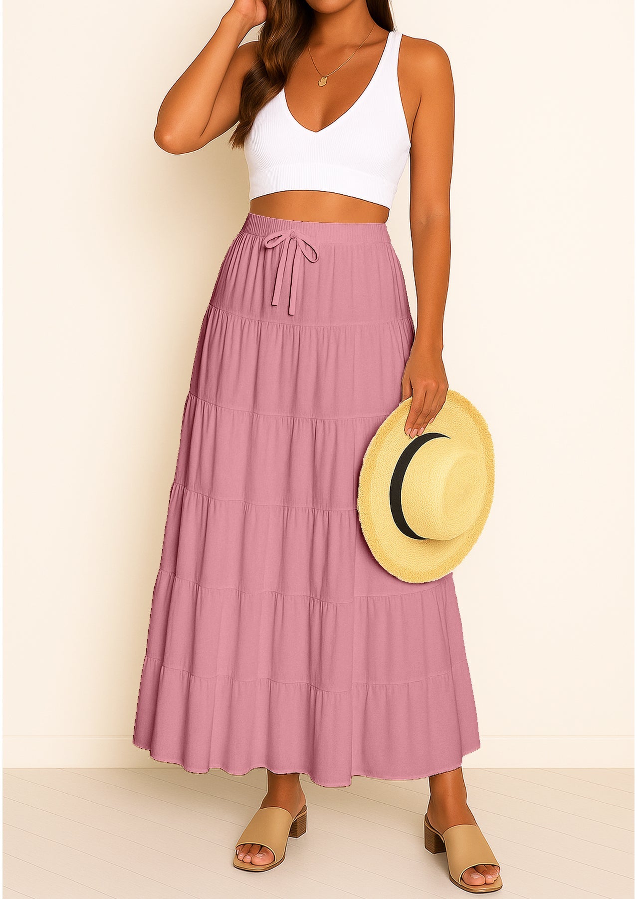 Women's Solid Cotton Maxi Skirt with Pockets Elastic Waist Resort Wear