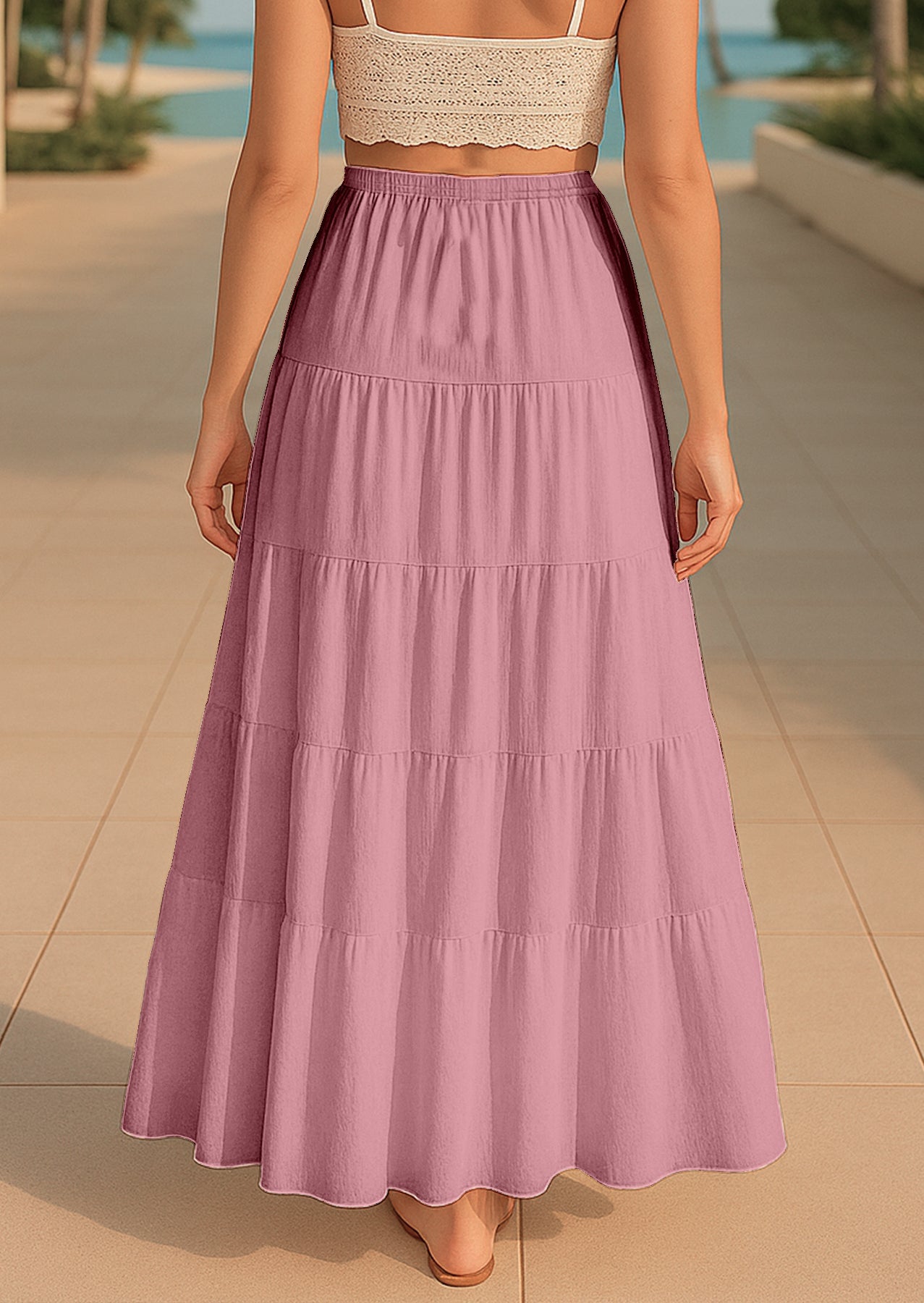 Women's Solid Cotton Maxi Skirt with Pockets Elastic Waist Resort Wear