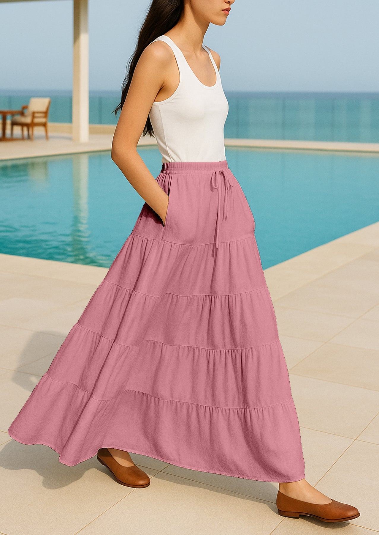 Women's Solid Cotton Maxi Skirt with Pockets Elastic Waist Resort Wear