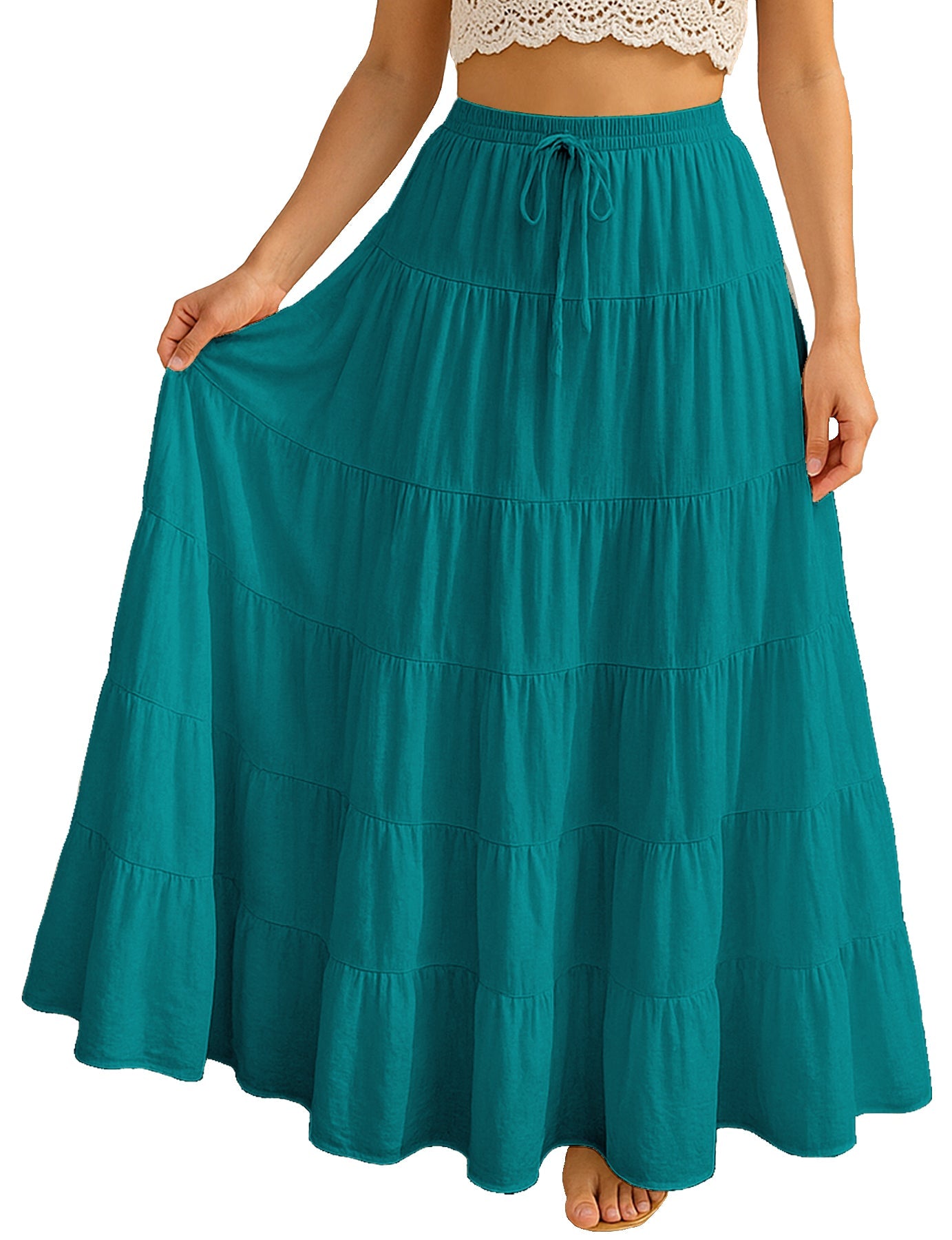 Women's Solid Cotton Maxi Skirt with Pockets Elastic Waist Resort Wear