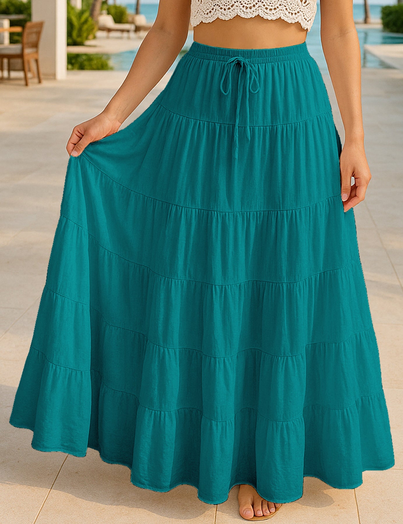 Women's Solid Cotton Maxi Skirt with Pockets Elastic Waist Resort Wear