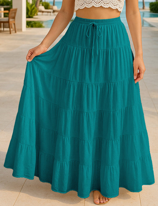 Women's Solid Cotton Maxi Skirt with Pockets Elastic Waist Resort Wear