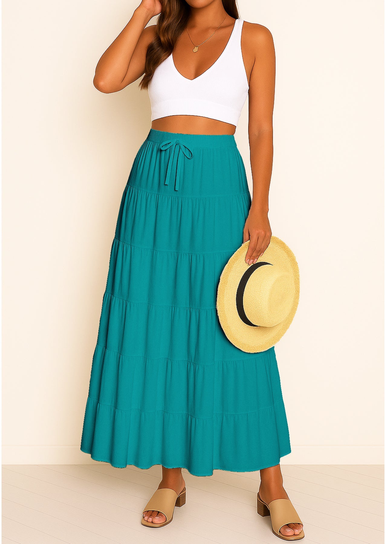Women's Solid Cotton Maxi Skirt with Pockets Elastic Waist Resort Wear