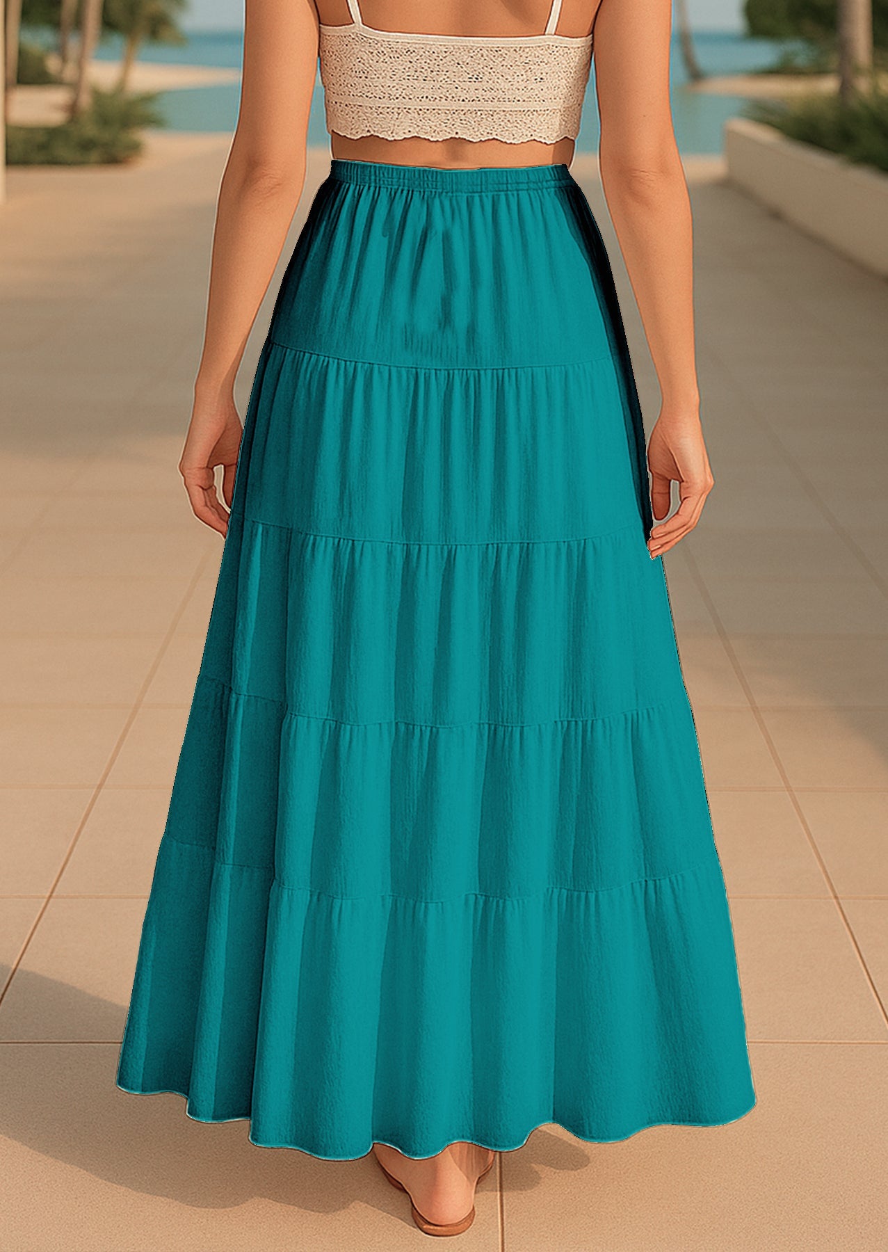 Women's Solid Cotton Maxi Skirt with Pockets Elastic Waist Resort Wear