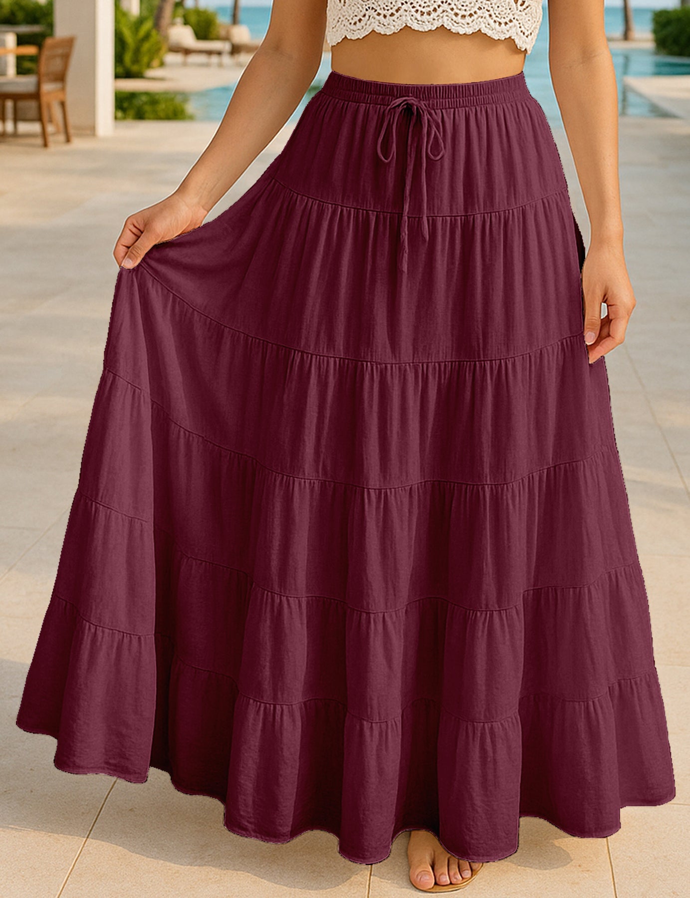Women's Solid Cotton Maxi Skirt with Pockets Elastic Waist Resort Wear